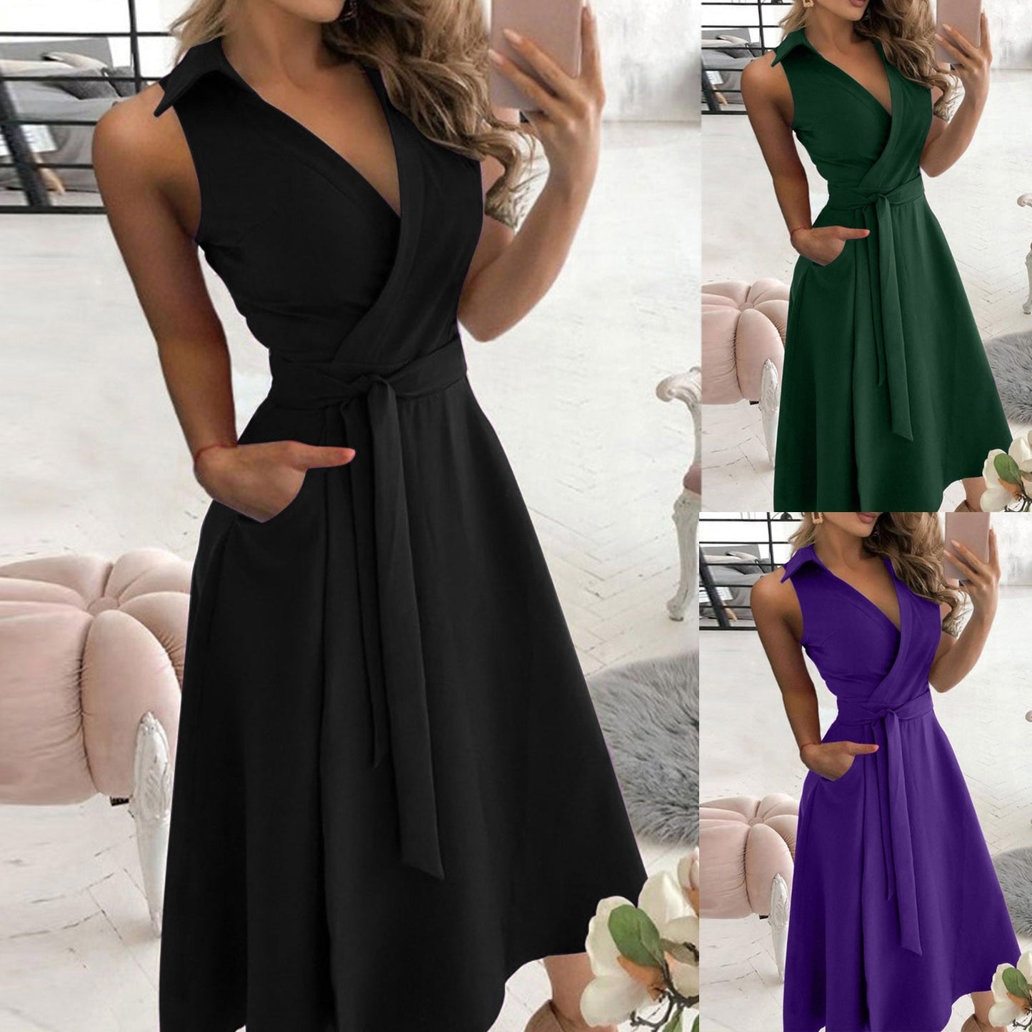 Sleeveless Collared Wrap Midi Dress