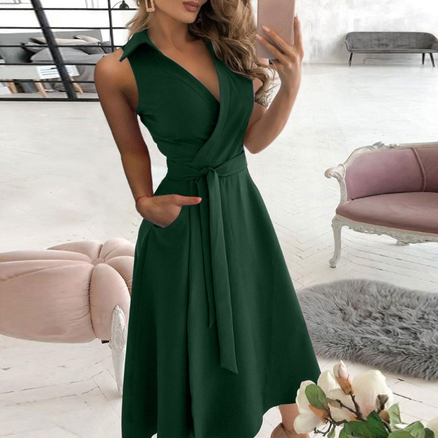 Sleeveless Collared Wrap Midi Dress